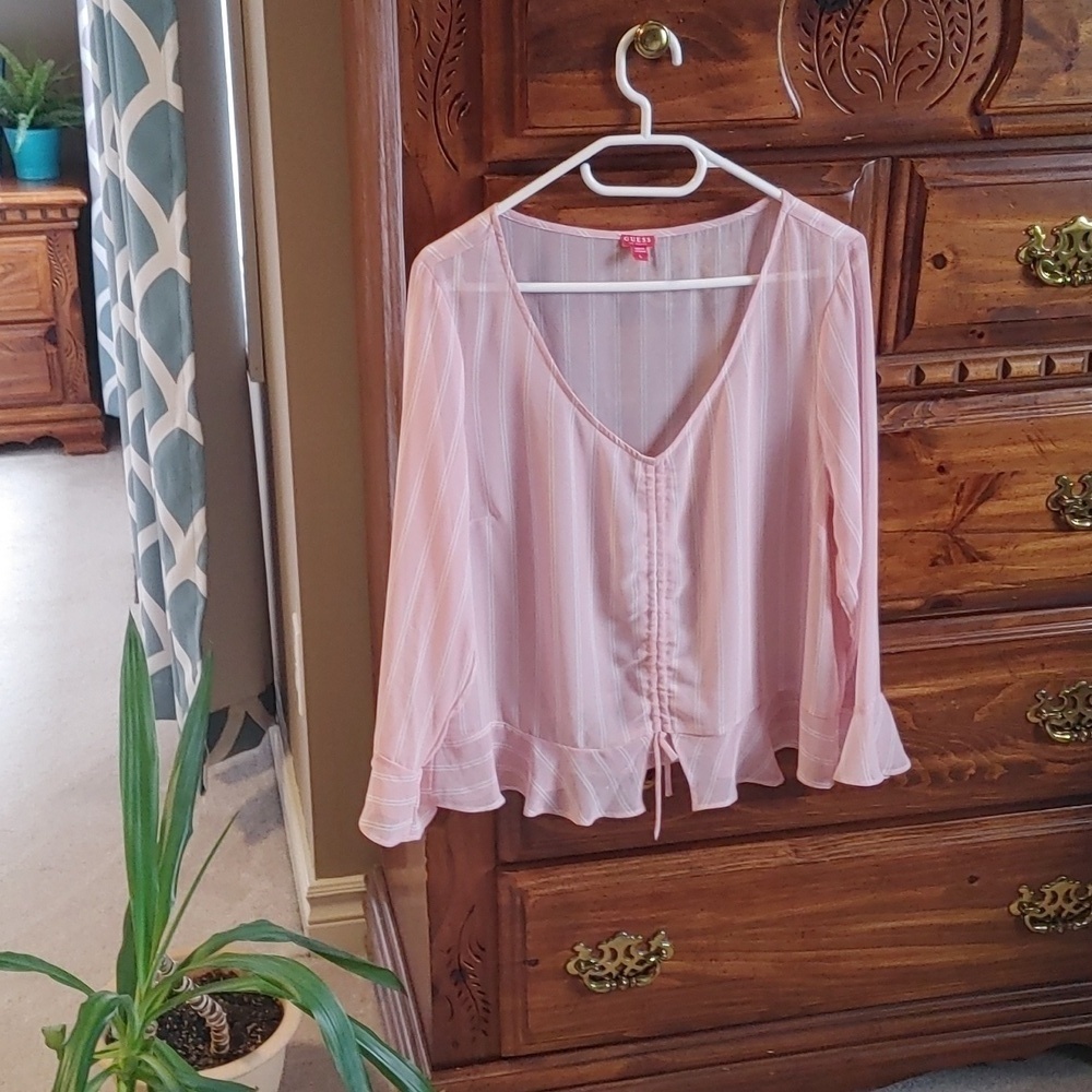 🌻Women's Guess Pink & White Sheer Striped Feminie Romantic Blouse